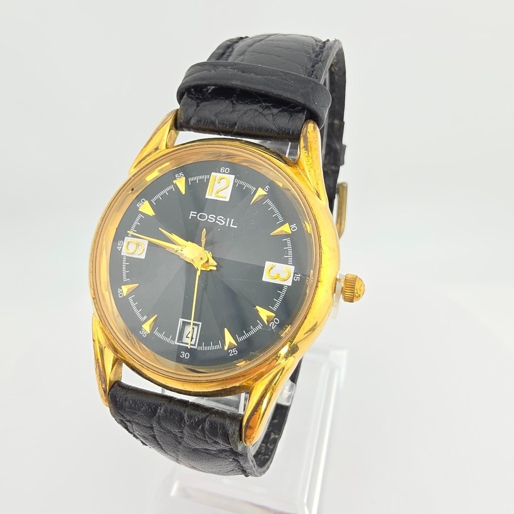 Vtg Mens FOSSIL Watch Rivoli Prismatic Crystal Black Leather Band Gold Plate 8"